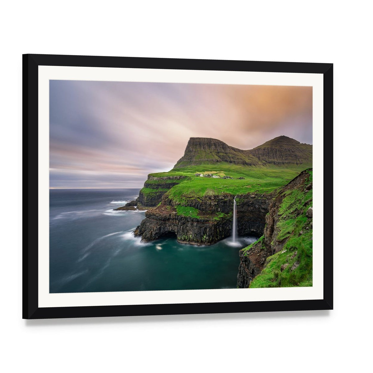 Gasadalur Village Waterfall Canvas Wall Art, framed print with white mat and black frame, angled product view