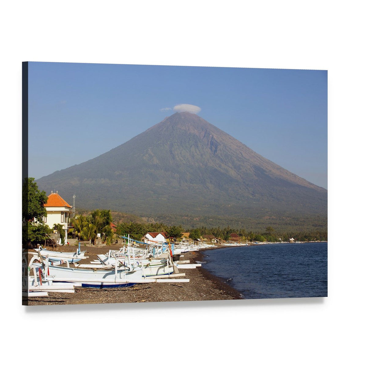 Volcano and Canoes in Indonesia Canvas Wall Art, single panel gallery wrapped canvas, angled product view