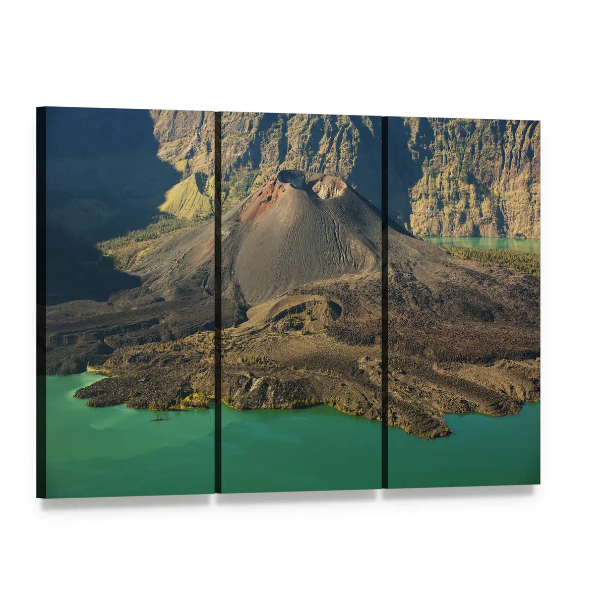 Caldera Lake and Volcano, Indonesia Canvas Wall Art, 3 panel 3 Horizontal layout gallery wrapped canvas set, angled product view