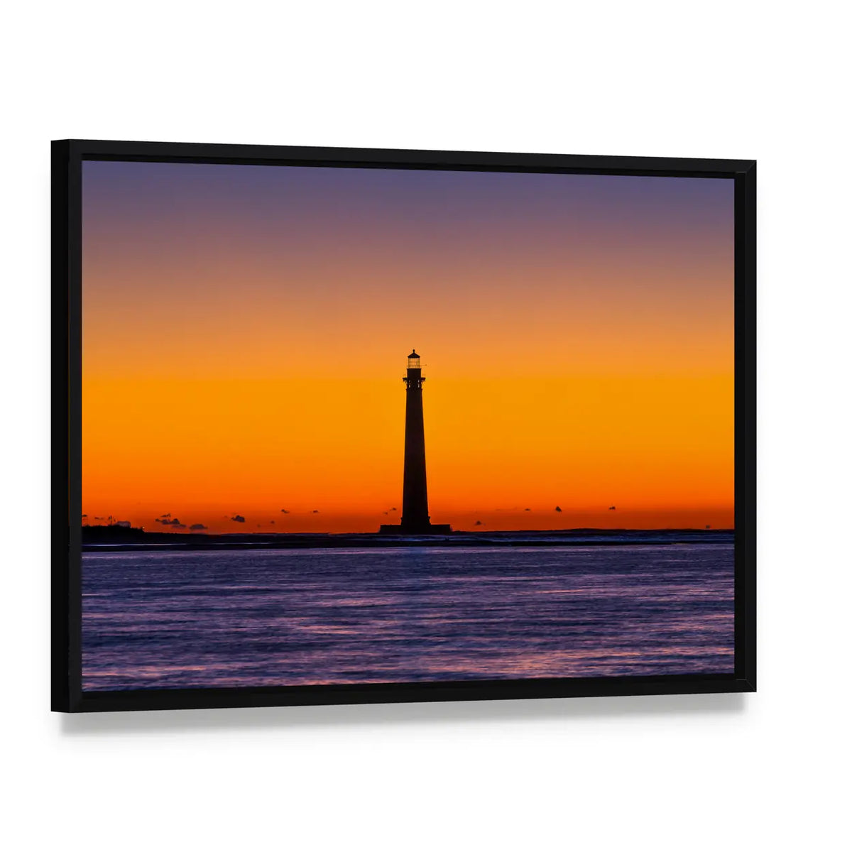 Morris Island Lighthouse at Sunset Canvas Wall Art, framed canvas in a black floater frame, angled product view