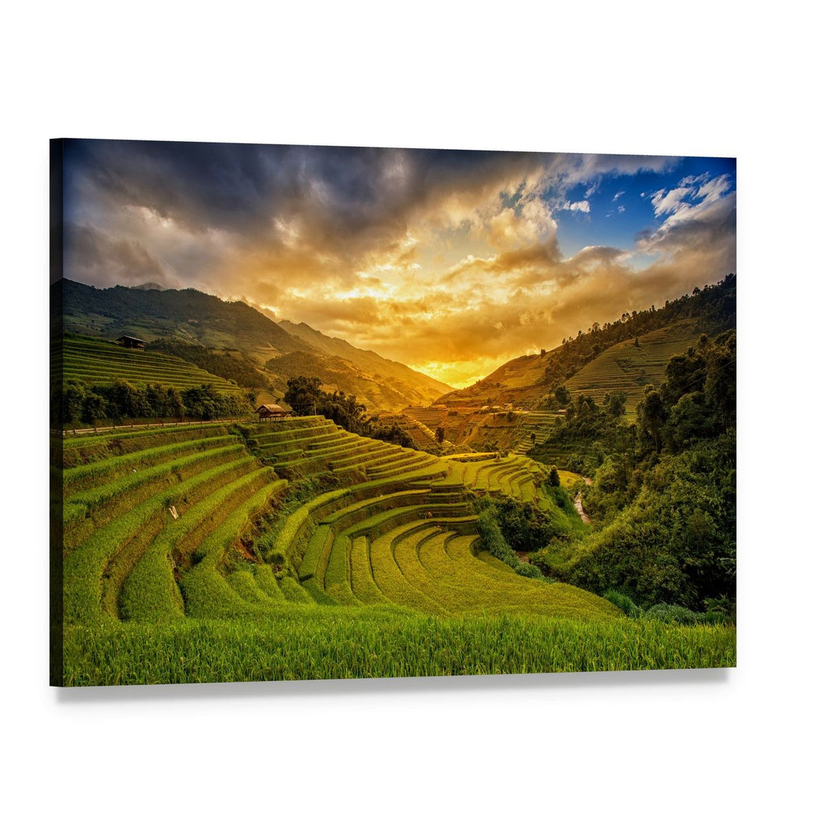 Sunset Over Terraced Rice Fields Canvas Wall Art, single panel gallery wrapped canvas, angled product view