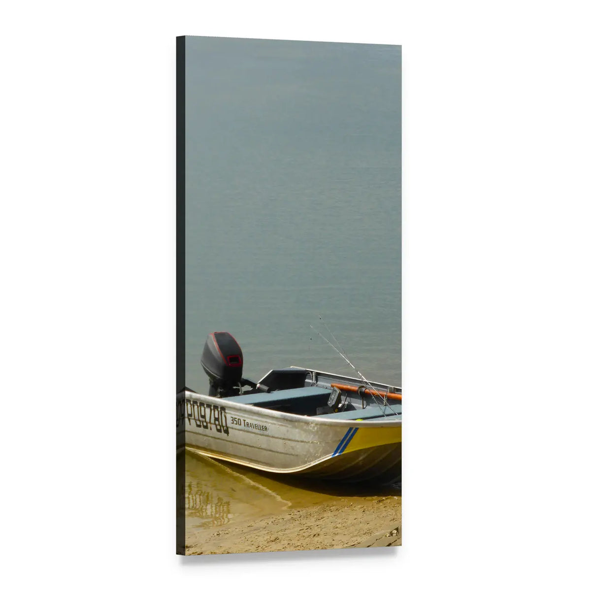Fishing Boat 350 Traveller on Sandy Shore Vertical Canvas Wall Art, 1 panel 1 Vertical layout gallery wrapped canvas set, angled product view