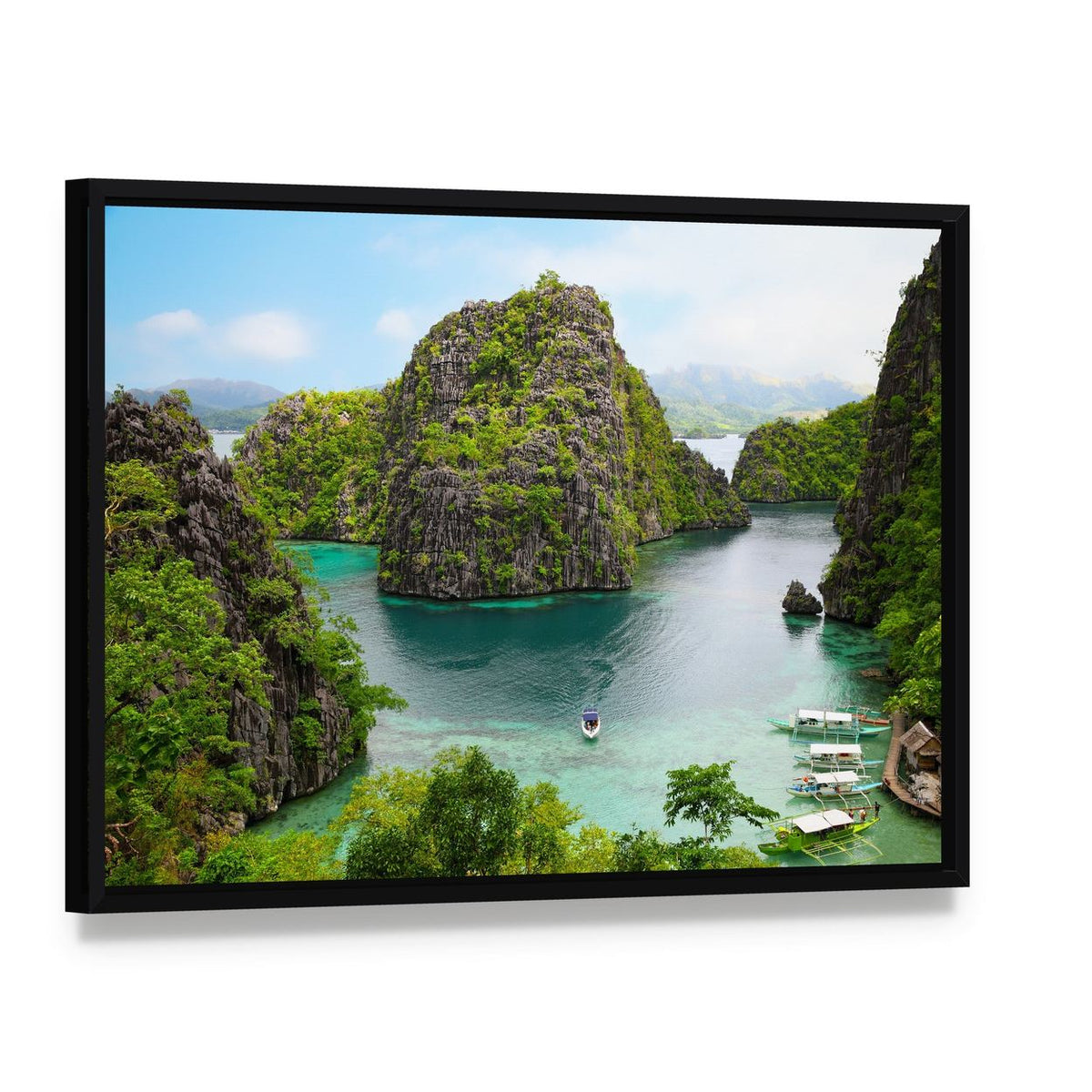 Coron Tropical Island Aerial Landscape Canvas Wall Art, framed canvas in a black floater frame, angled product view