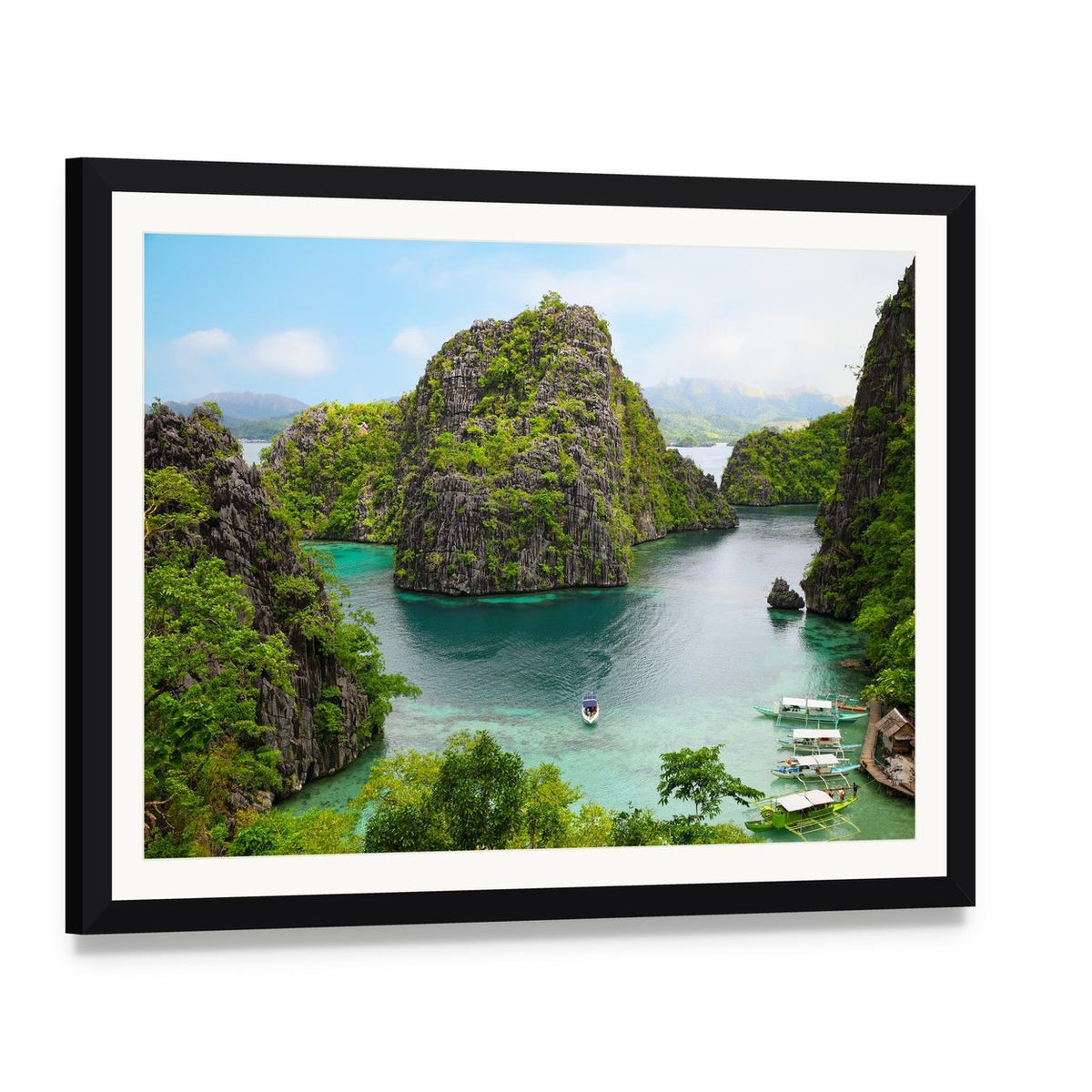 Coron Tropical Island Aerial Landscape Canvas Wall Art, framed print with white mat and black frame, angled product view