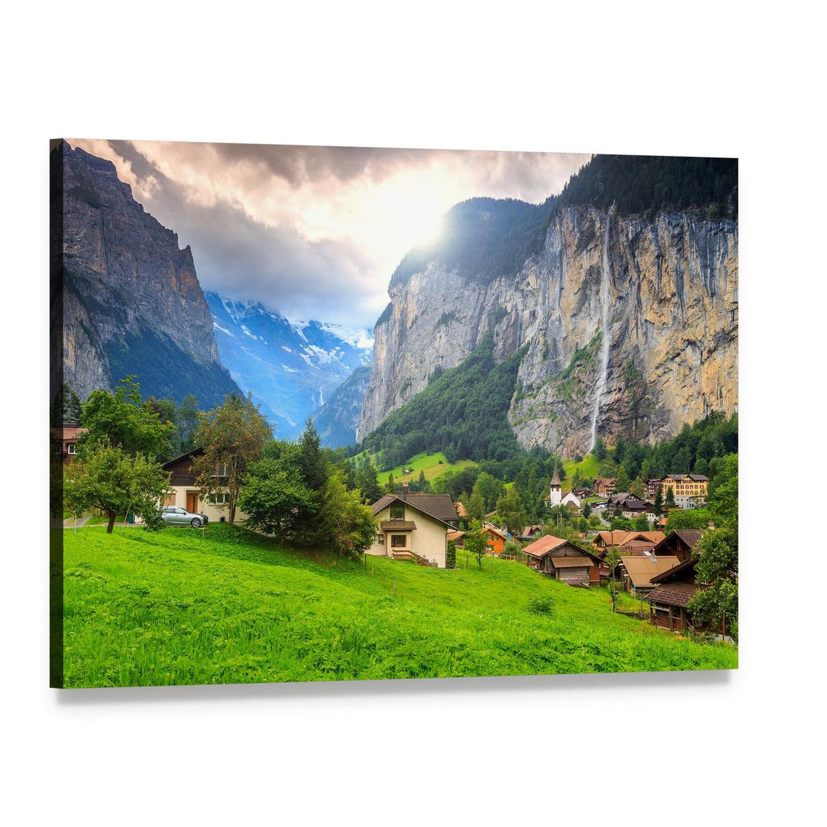 Lauterbrunnen Valley Waterfall Canvas Wall Art, single panel gallery wrapped canvas, angled product view