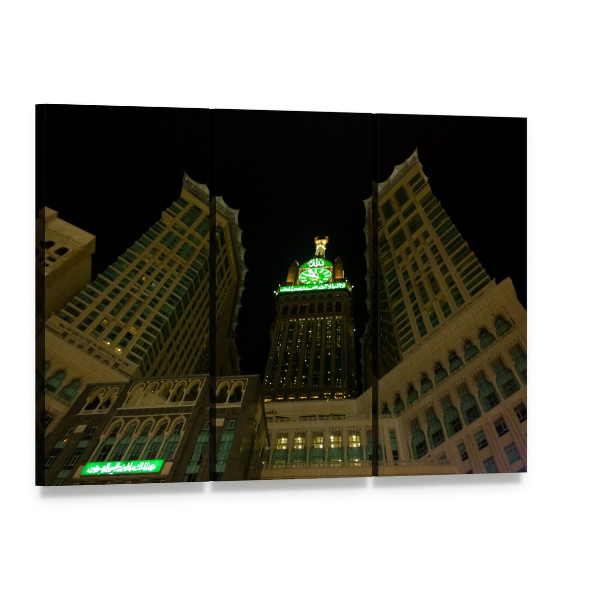 Mecca Clock Tower Illuminated at Night Canvas Wall Art, 3 panel 3 Horizontal layout gallery wrapped canvas set, angled product view