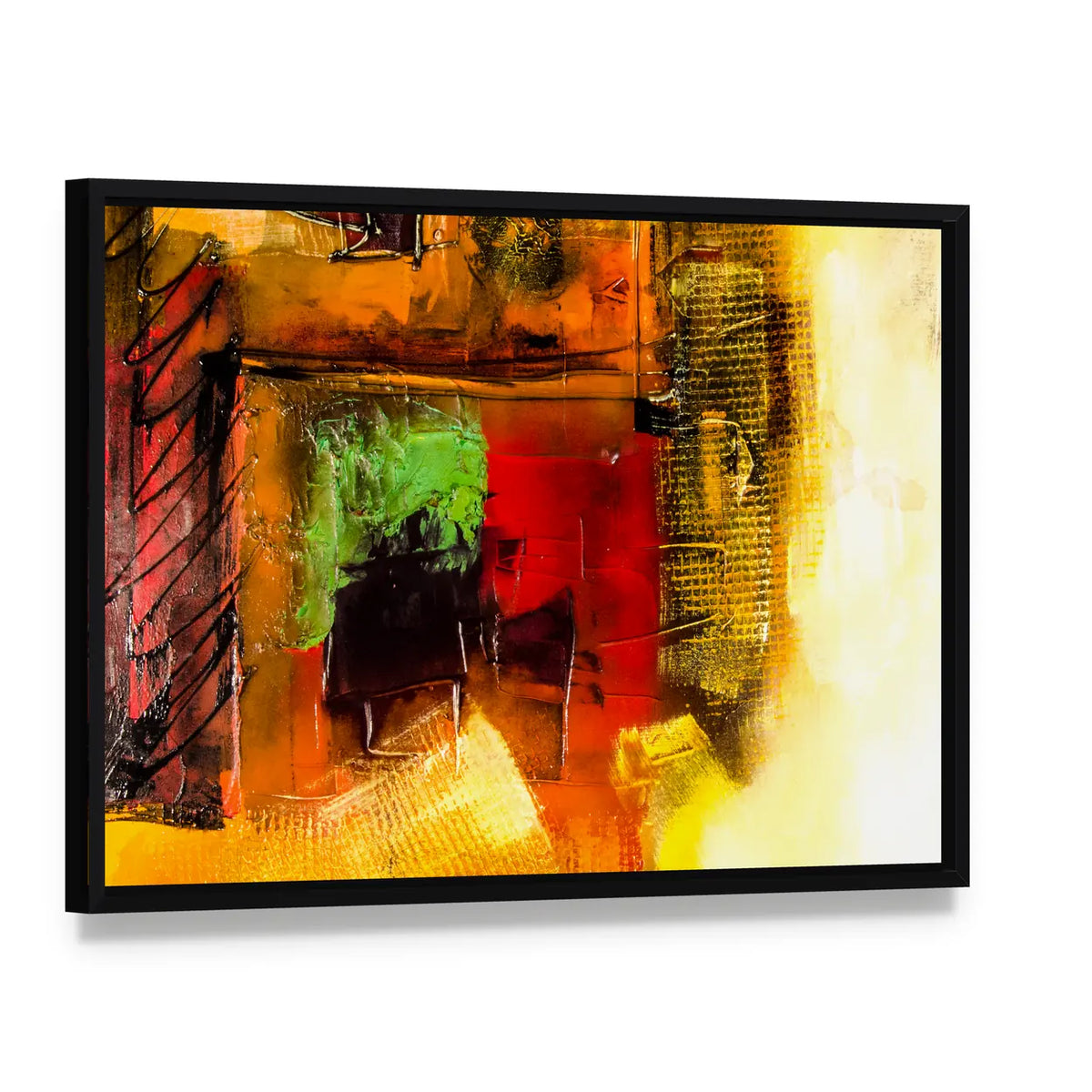 Modern Brushstrokes Abstract Canvas Wall Art, framed canvas in a black floater frame, angled product view