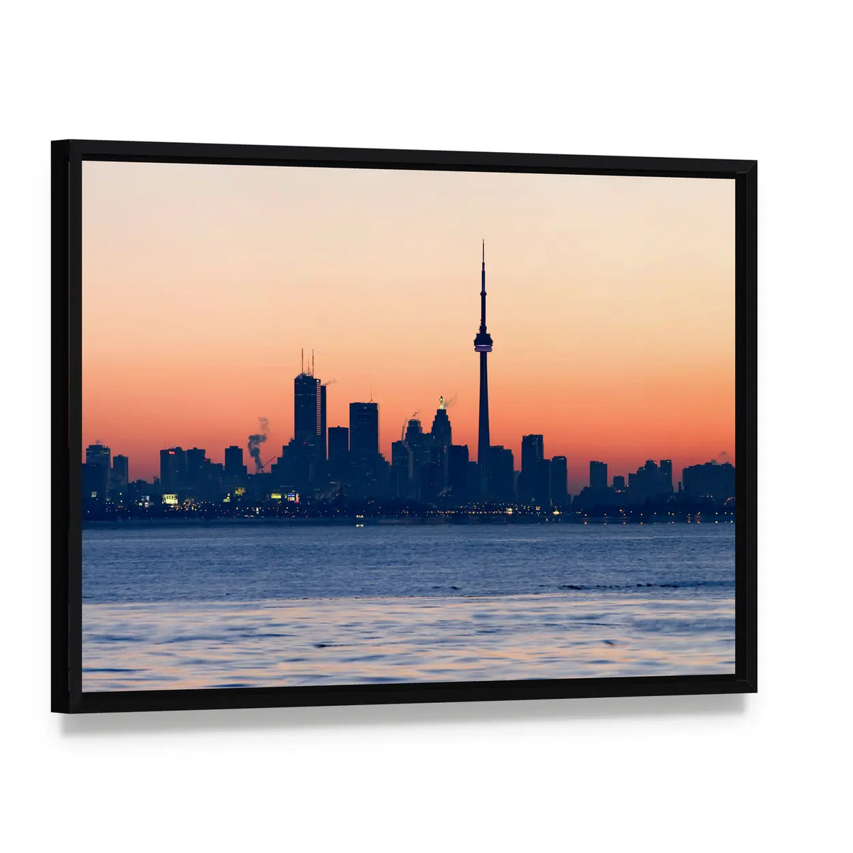 Toronto Skyline At Dawn Canvas Wall Art, framed canvas in a black floater frame, angled product view