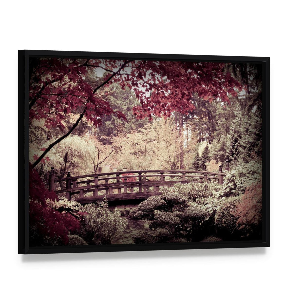 Arched Bridge in Japanese Garden Canvas Wall Art, framed canvas in a black floater frame, angled product view