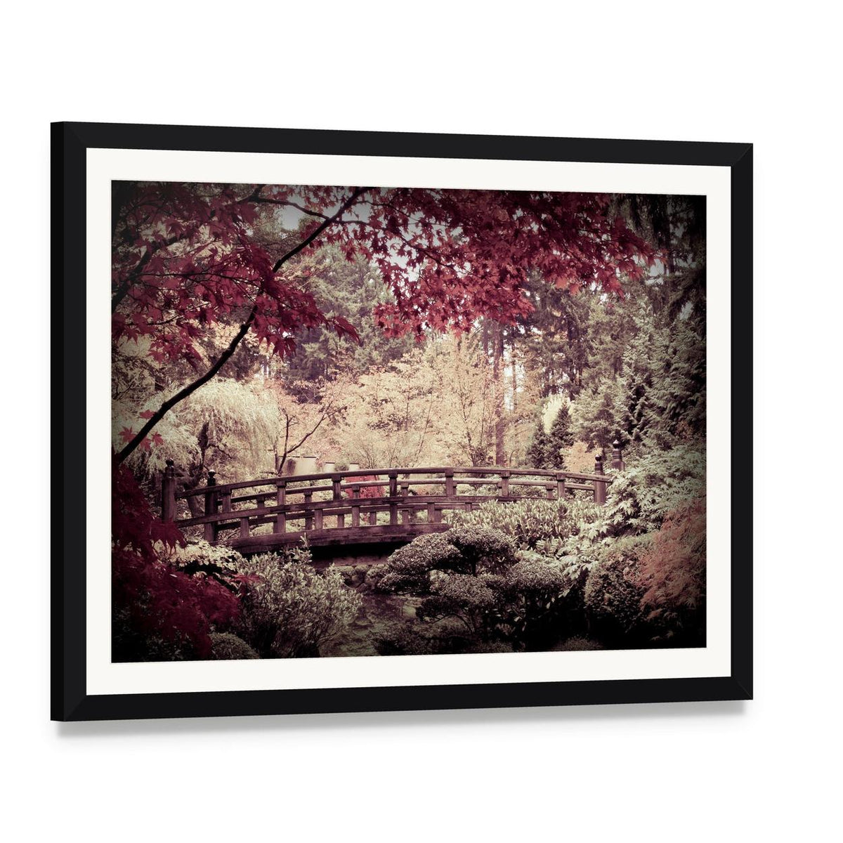 Arched Bridge in Japanese Garden Canvas Wall Art, framed print with white mat and black frame, angled product view