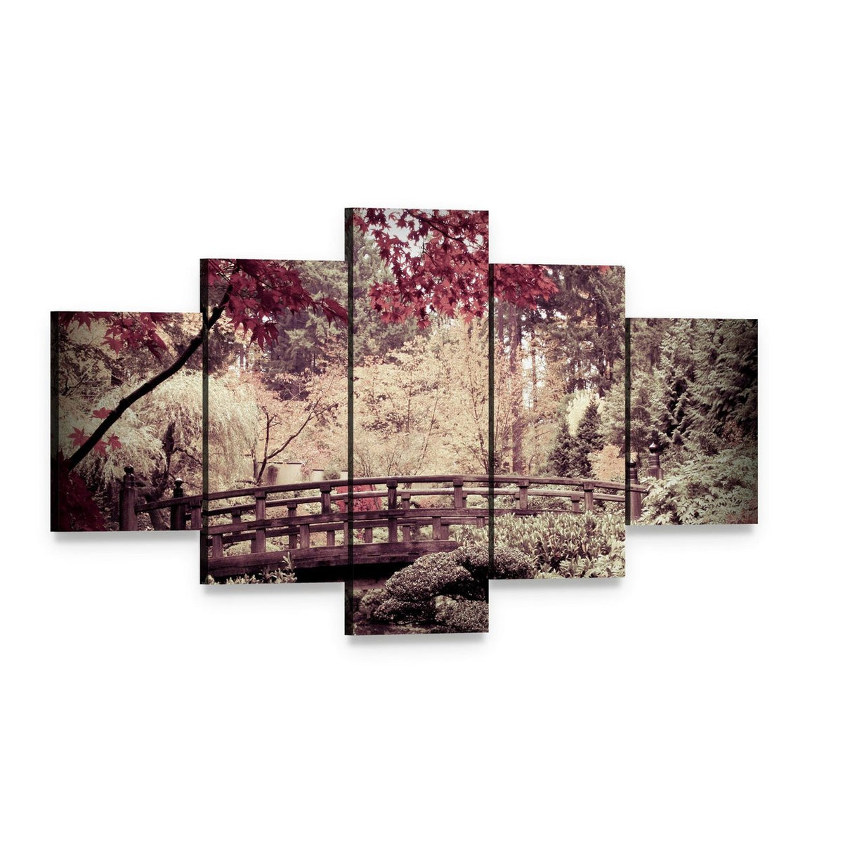 Arched Bridge in Japanese Garden Canvas Wall Art, 5 panel 5 Star layout gallery wrapped canvas set, angled product view