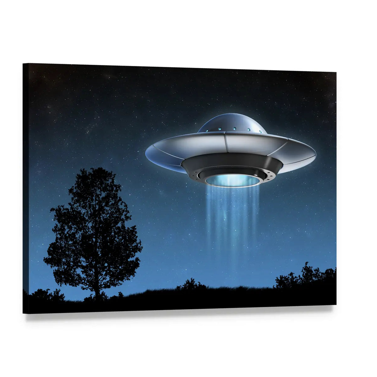 Ufo Landing with Blue Light Beam Canvas Wall Art, single panel gallery wrapped canvas, angled product view