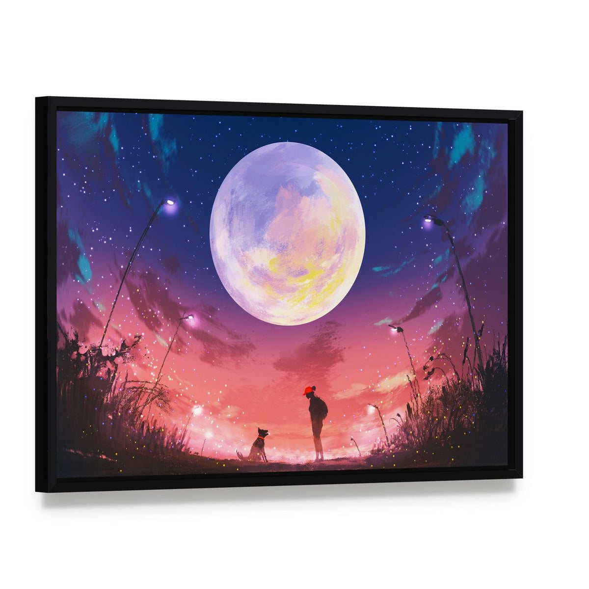 Woman and Dog Under Night Sky Canvas Wall Art, framed canvas in a black floater frame, angled product view