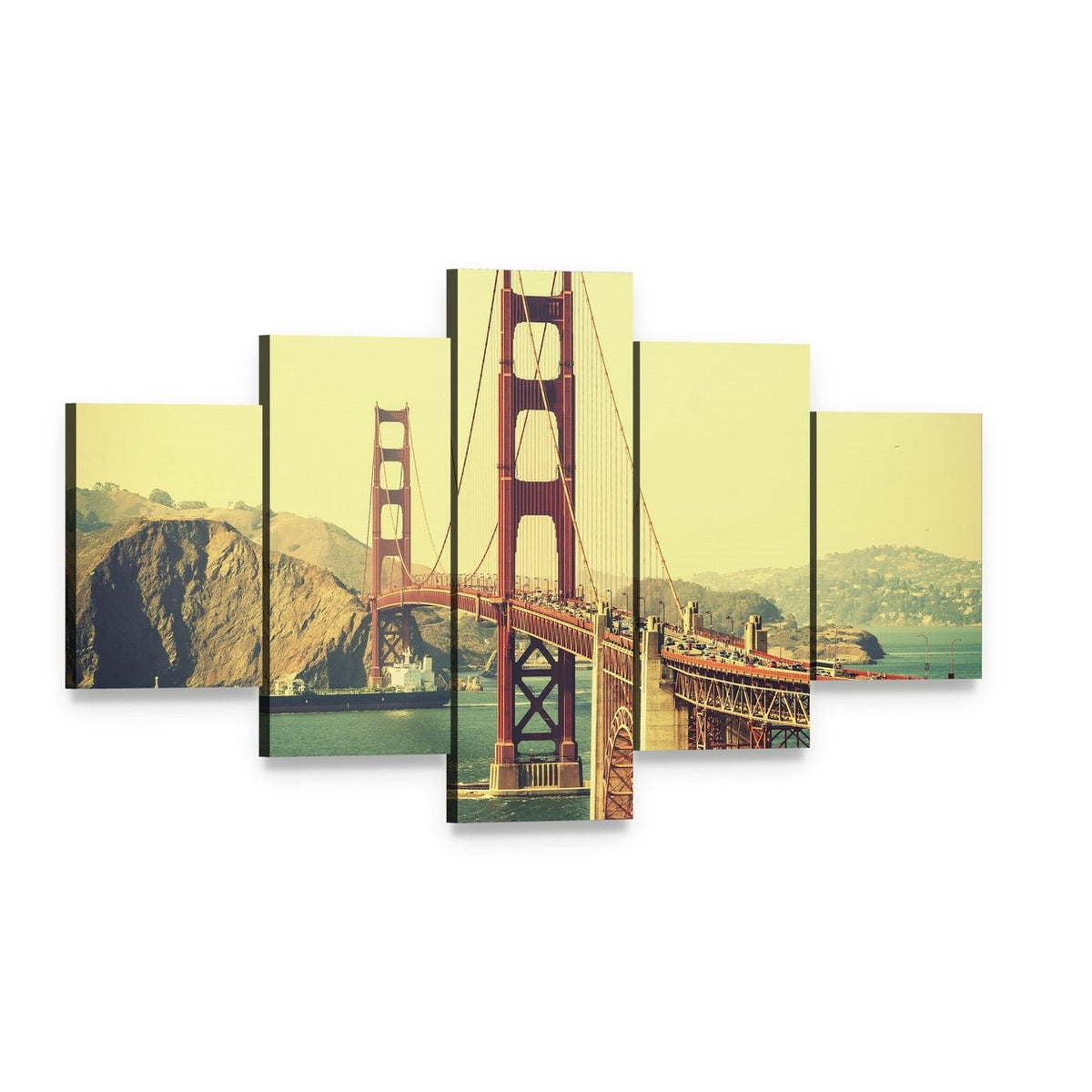 Retro Golden Gate Bridge Canvas Wall Art, 5 panel 5 Star layout gallery wrapped canvas set, angled product view