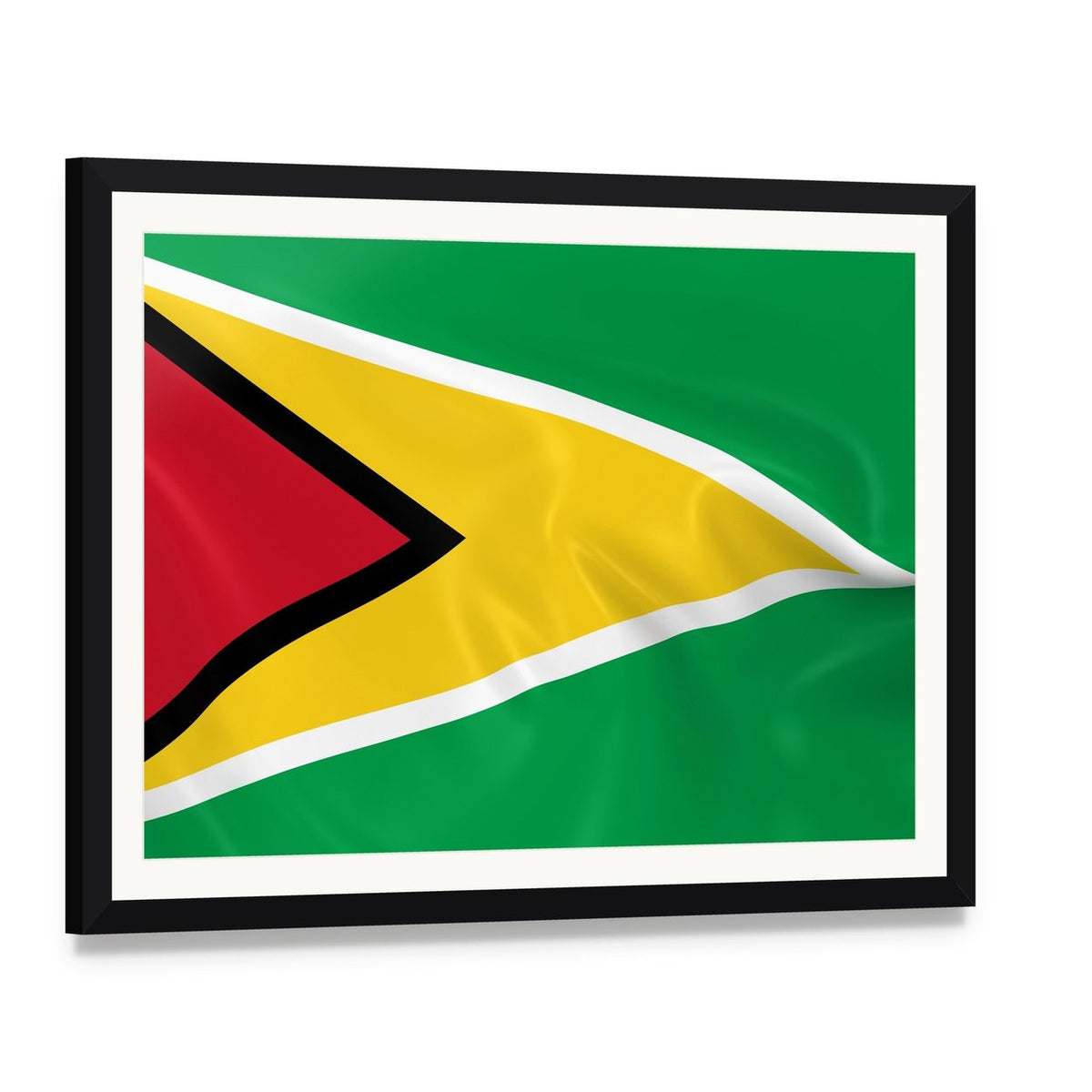 Waving Guyana Flag Canvas Wall Art, framed print with white mat and black frame, angled product view
