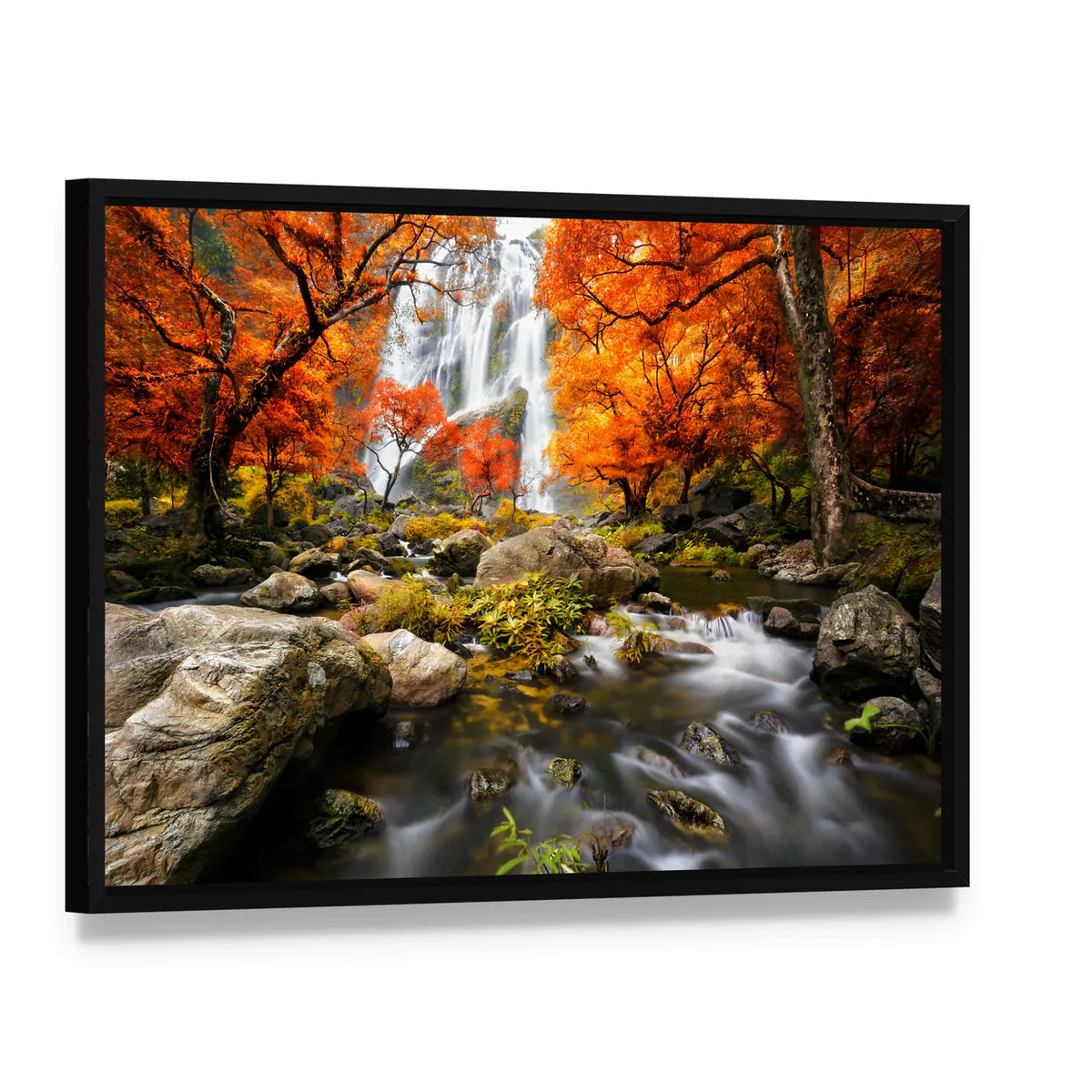 Autumn Waterfall In Kanchanaburi Thailand Canvas Wall Art, framed canvas in a black floater frame, angled product view