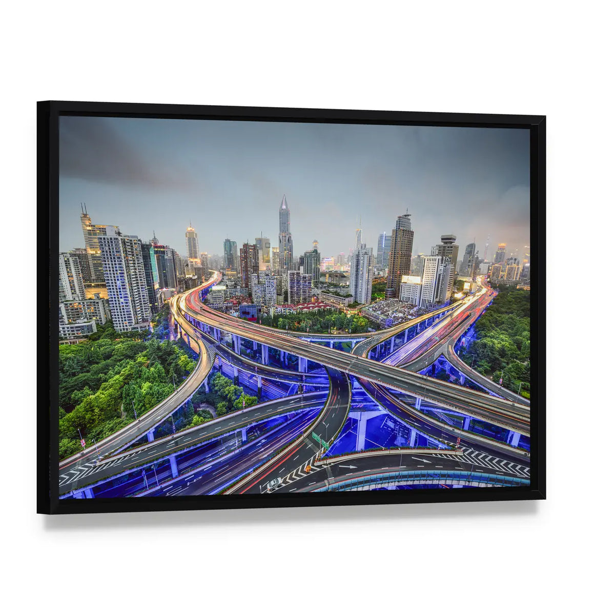 Shanghai Highway Junctions Canvas Wall Art, framed canvas in a black floater frame, angled product view