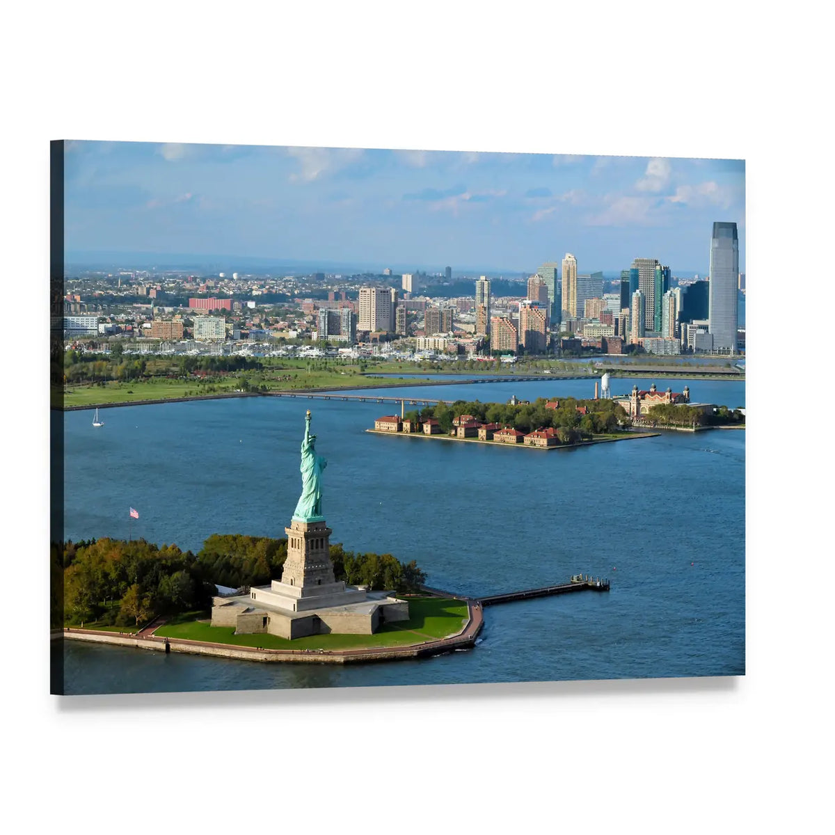 Statue of Liberty and Manhattan Skyline Canvas Wall Art, single panel gallery wrapped canvas, angled product view