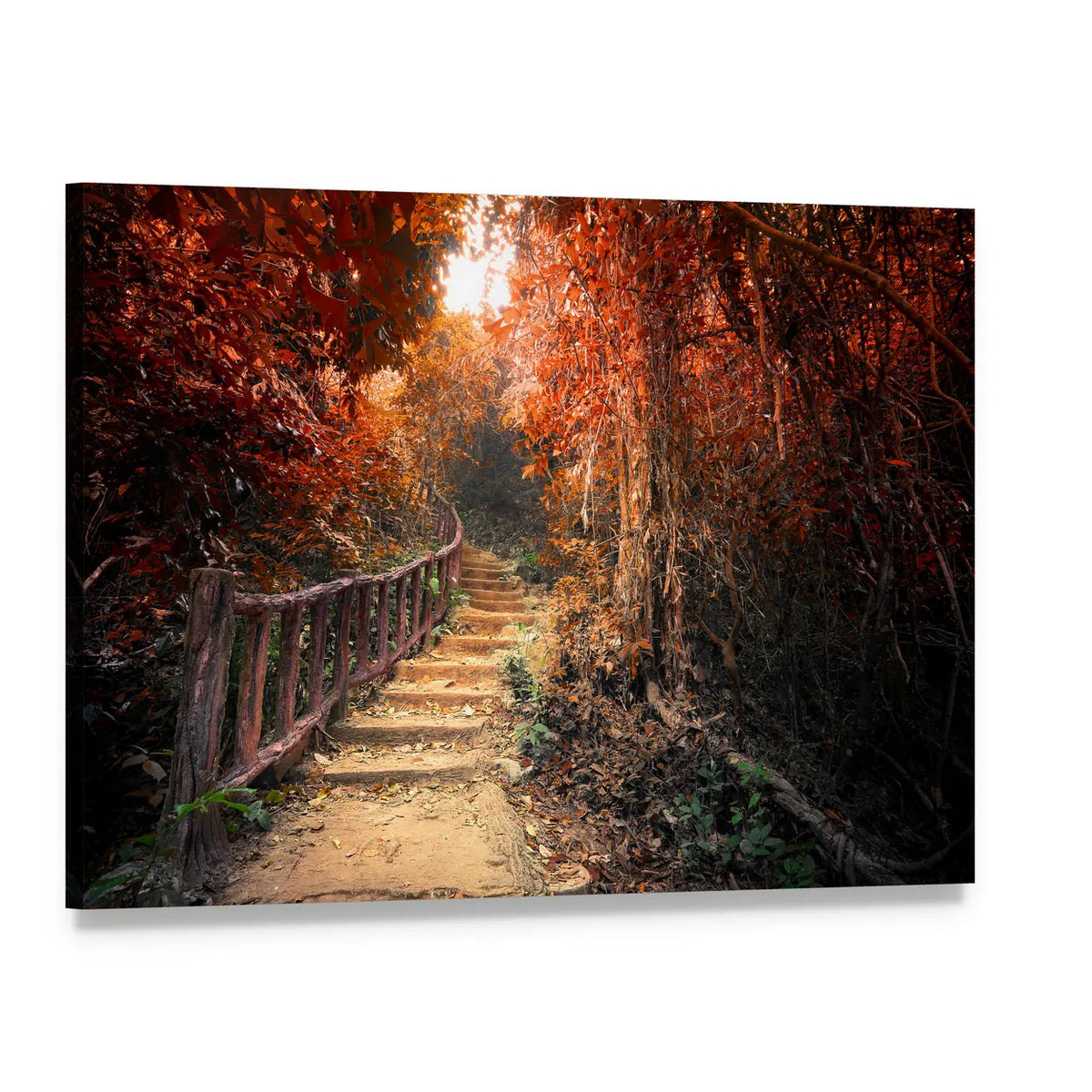 Stone Staircase in Autumn Forest Canvas Wall Art, single panel gallery wrapped canvas, angled product view
