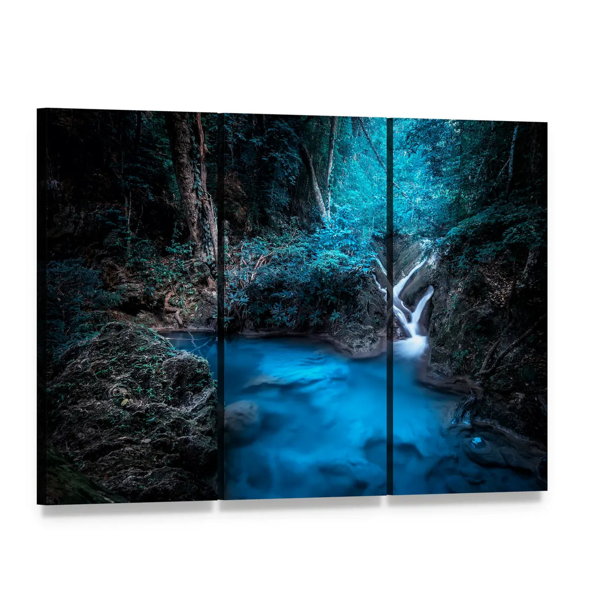 Deep Tropical Rainforest Waterfall Canvas Wall Art, 3 panel 3 Horizontal layout gallery wrapped canvas set, angled product view