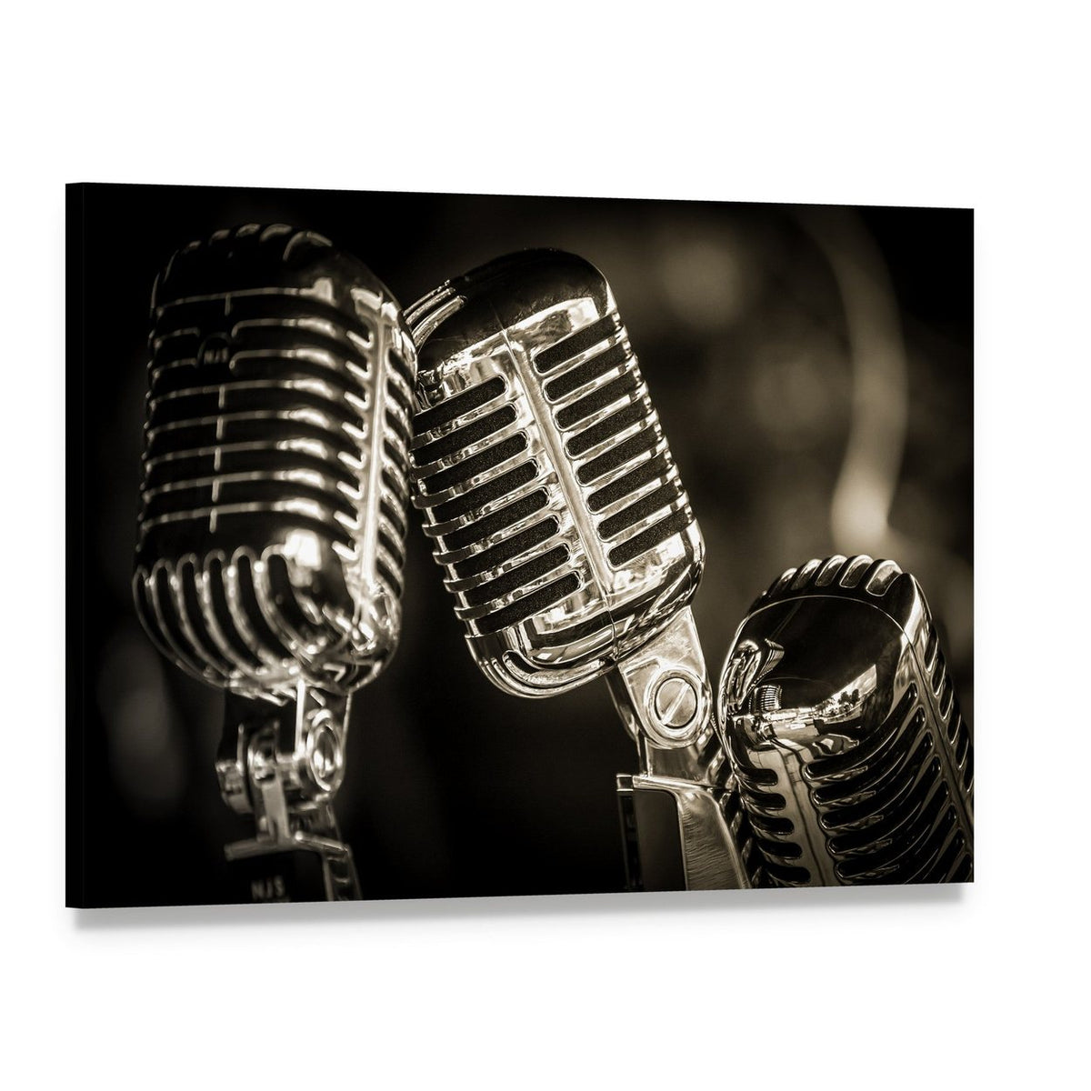 Three Vintage Studio Microphones Canvas Wall Art, single panel gallery wrapped canvas, angled product view