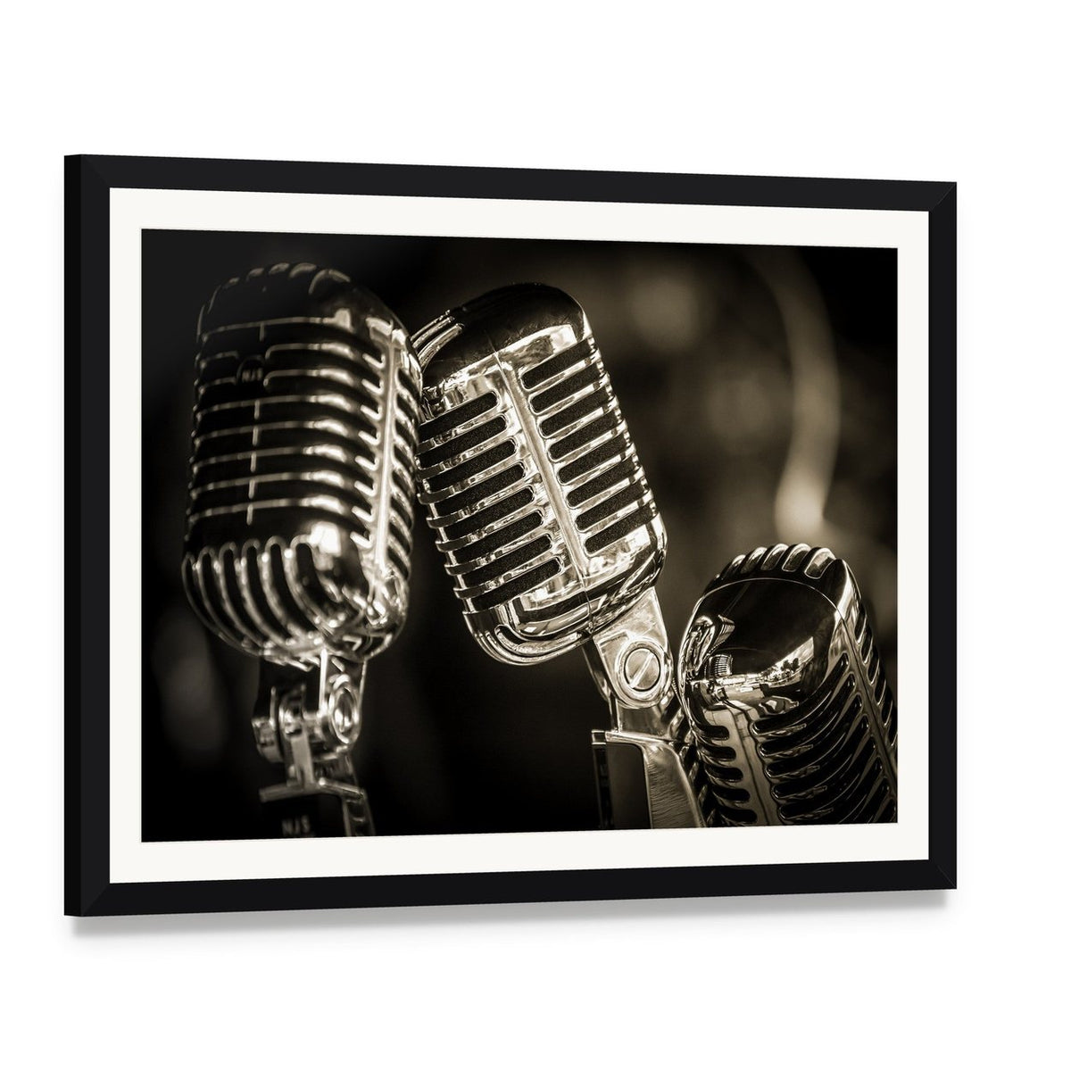 Three Vintage Studio Microphones Canvas Wall Art, framed print with white mat and black frame, angled product view
