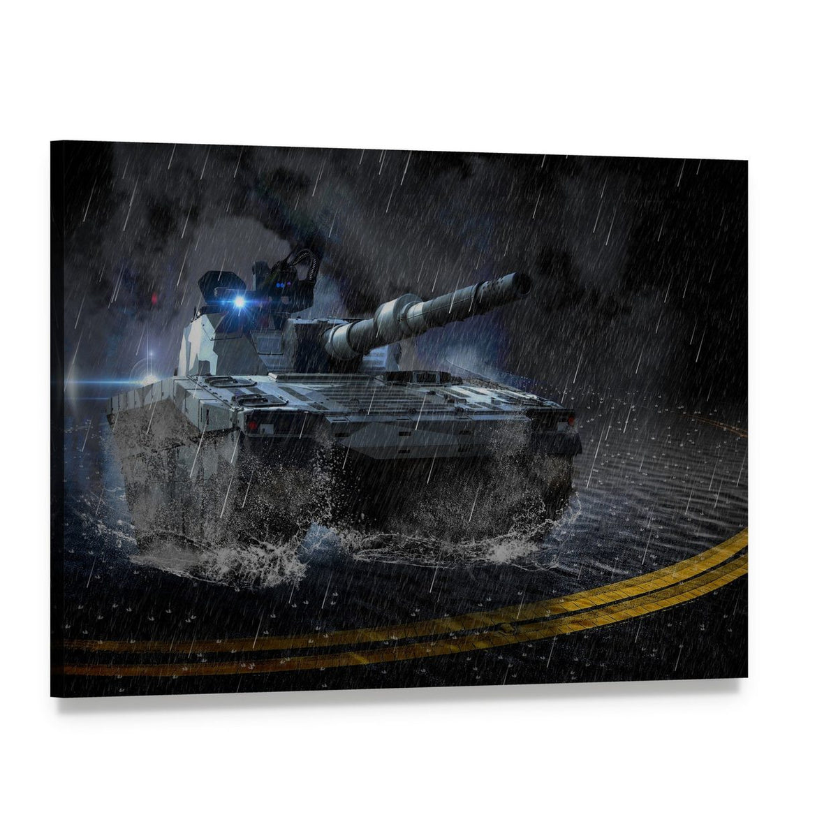 Modern Battle Tank in Heavy Rain Canvas Wall Art, single panel gallery wrapped canvas, angled product view