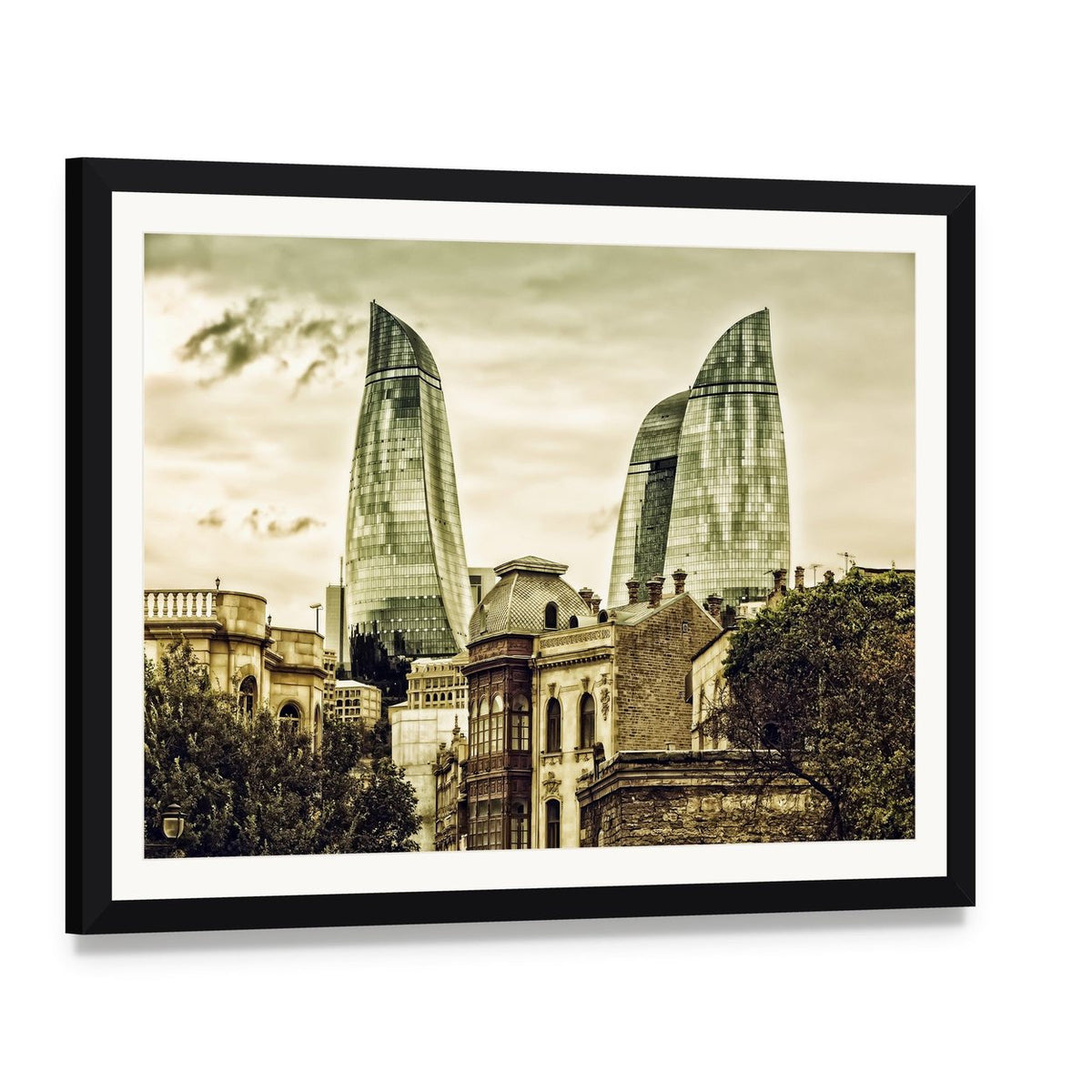 Flame Towers in Baku Canvas Wall Art, framed print with white mat and black frame, angled product view