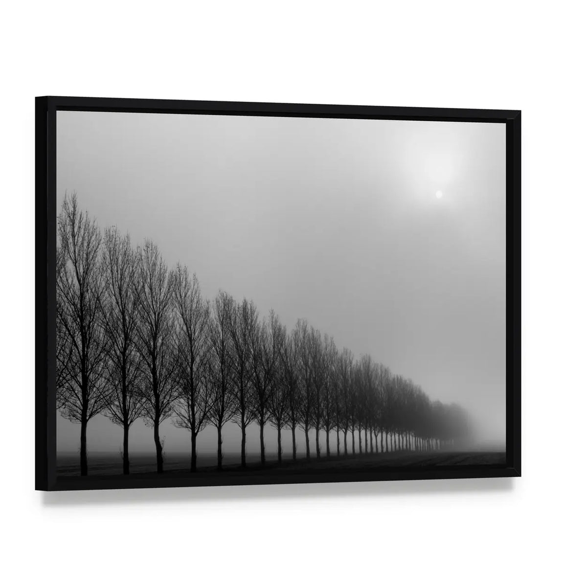 Autumn Trees in Mist Canvas Wall Art, framed canvas in a black floater frame, angled product view