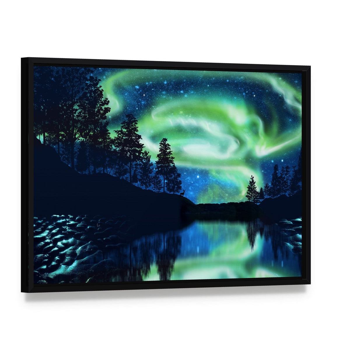 Aurora Borealis Above Lake Canvas Wall Art, framed canvas in a black floater frame, angled product view