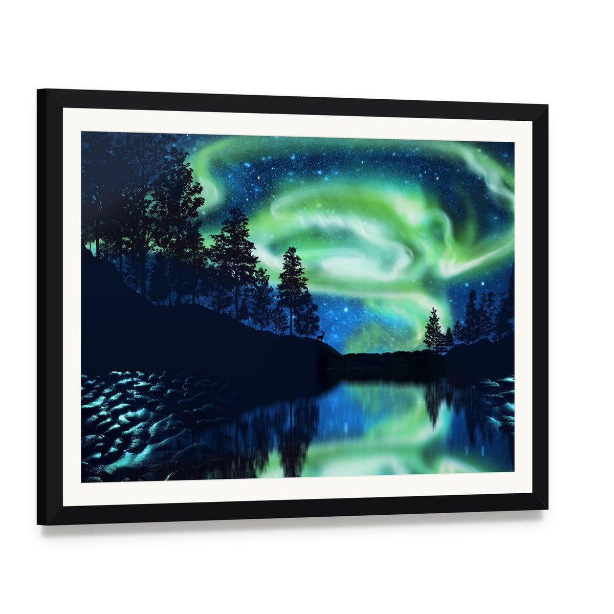 Aurora Borealis Above Lake Canvas Wall Art, framed print with white mat and black frame, angled product view