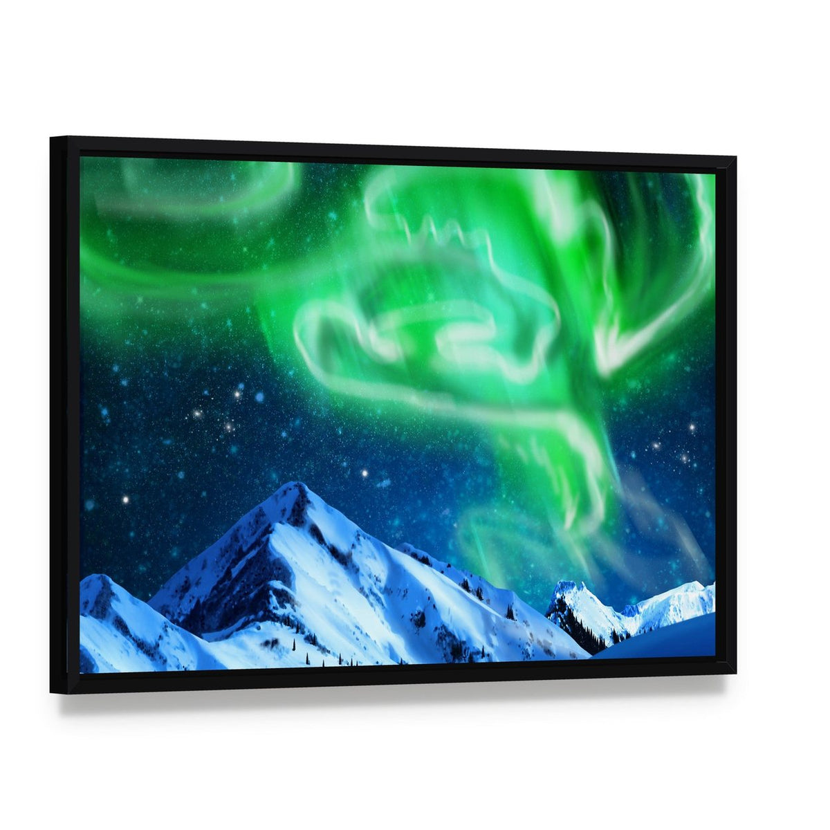 Aurora Borealis Over Snow Canvas Wall Art, framed canvas in a black floater frame, angled product view
