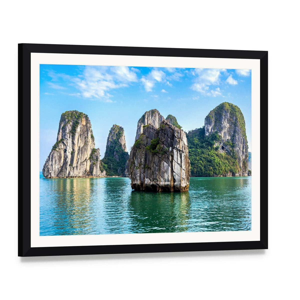 Limestone Karst Islands Over Turquoise Water Canvas Wall Art, framed print with white mat and black frame, angled product view