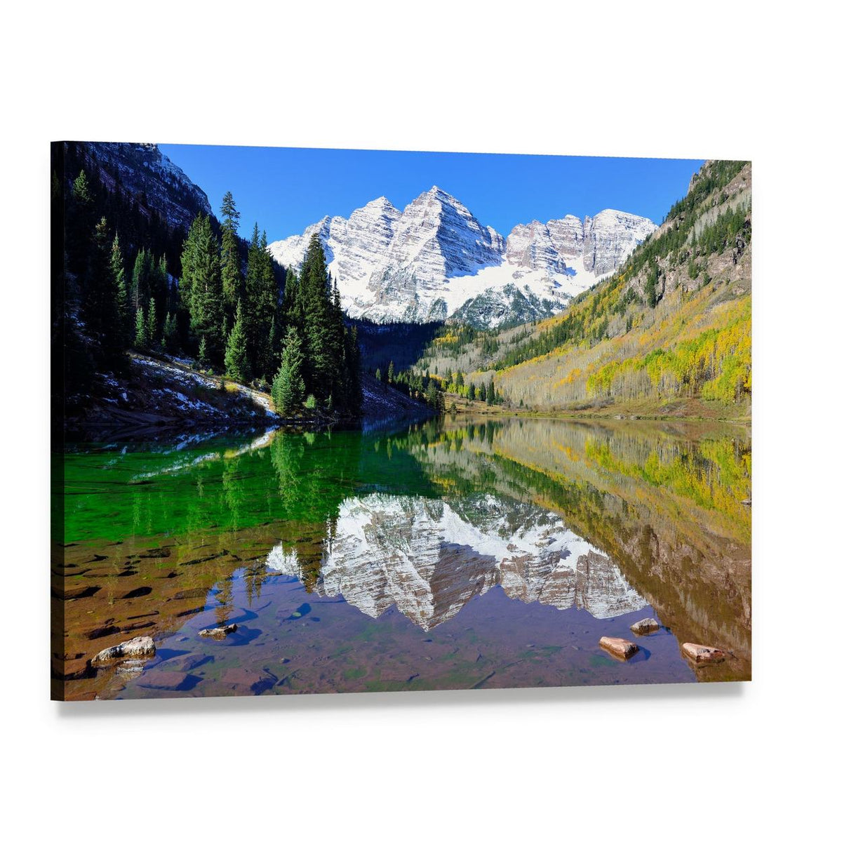 Maroon Bells Reflections in Autumn Foliage Canvas Wall Art, single panel gallery wrapped canvas, angled product view