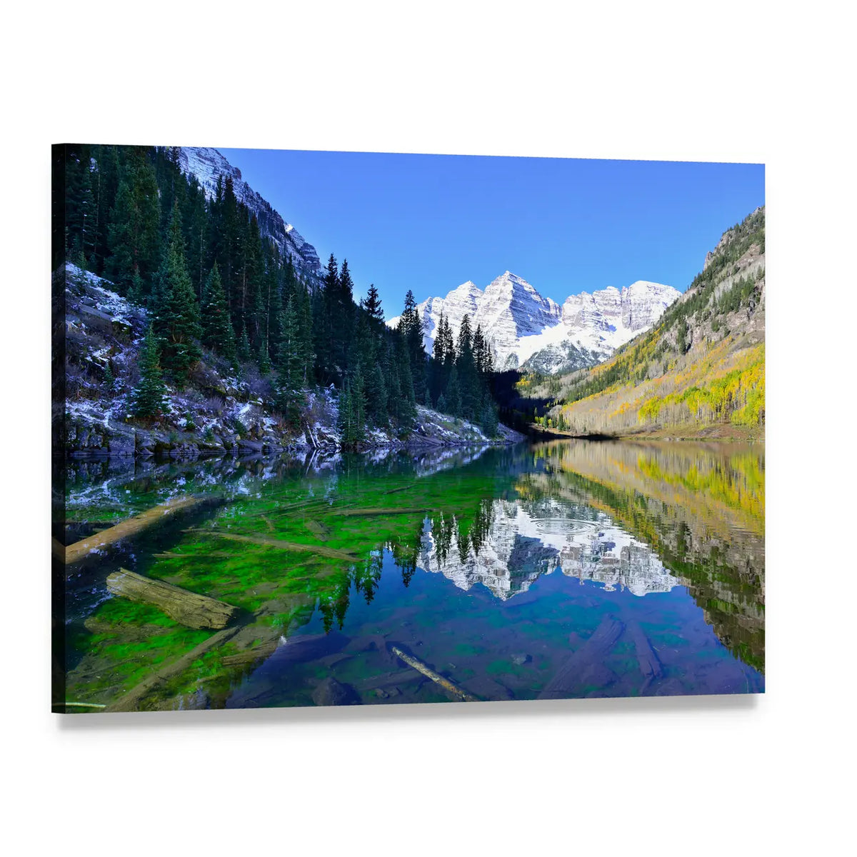 Snow-capped Mountains Reflecting in Alpine Lake Canvas Wall Art, single panel gallery wrapped canvas, angled product view