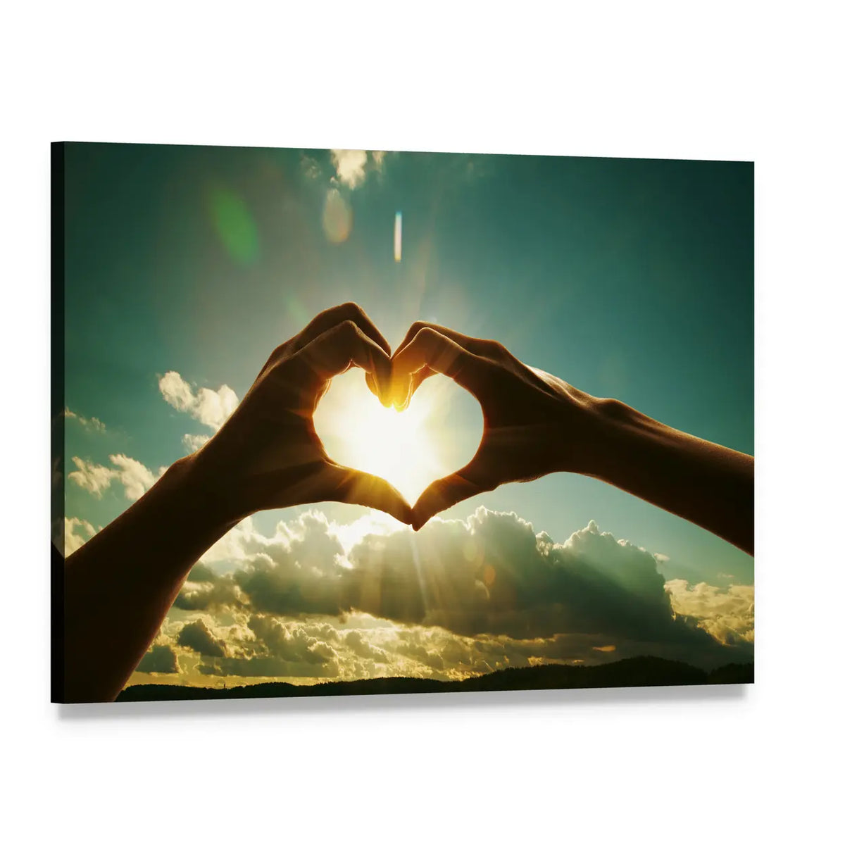 Hands Forming Heart at Sunrise Canvas Wall Art, single panel gallery wrapped canvas, angled product view
