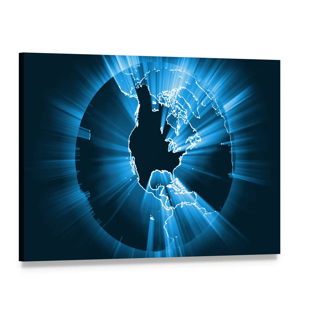 Glowing Globe with Starburst Rays Canvas Wall Art, single panel gallery wrapped canvas, angled product view