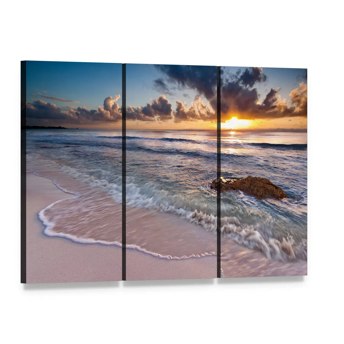 Caribbean Coastline at Sunrise Canvas Wall Art, 3 panel 3 Horizontal layout gallery wrapped canvas set, angled product view
