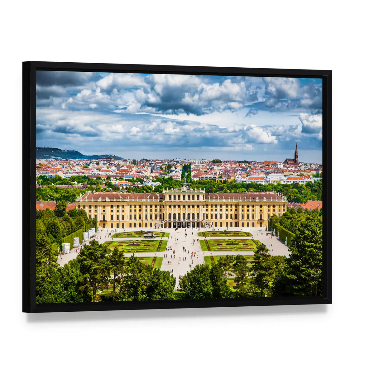 Schonbrunn Palace Parterre Garden, Vienna Canvas Wall Art, framed canvas in a black floater frame, angled product view
