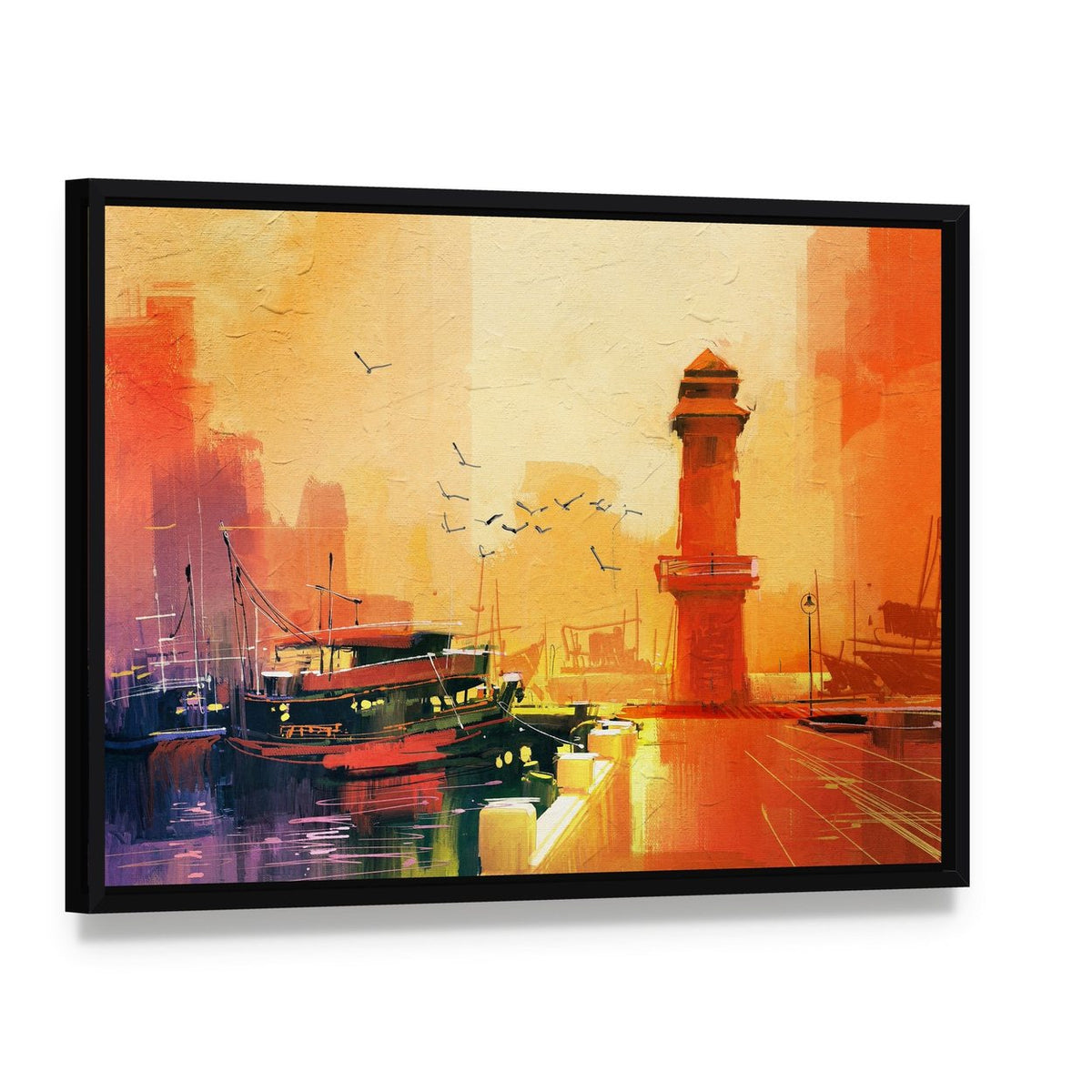 Lighthouse & Boat Canvas Wall Art, framed canvas in a black floater frame, angled product view