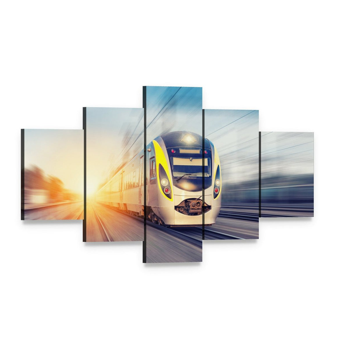 Modern High Speed Train Canvas Wall Art, 5 panel 5 Star layout gallery wrapped canvas set, angled product view