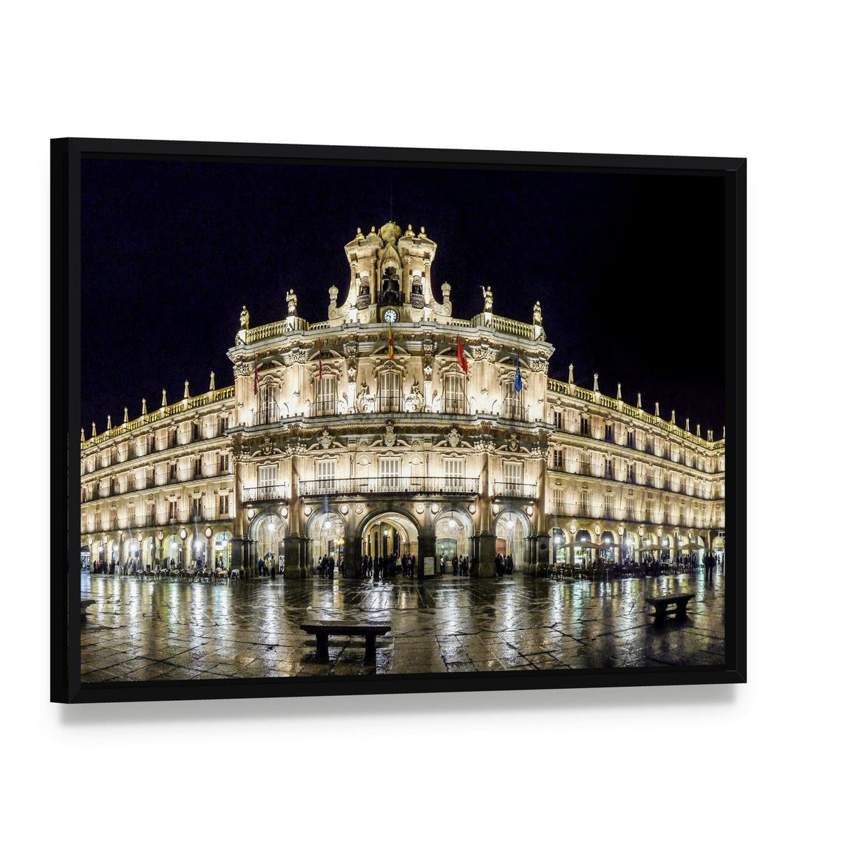 Plaza Mayor at Night Canvas Wall Art, framed canvas in a black floater frame, angled product view
