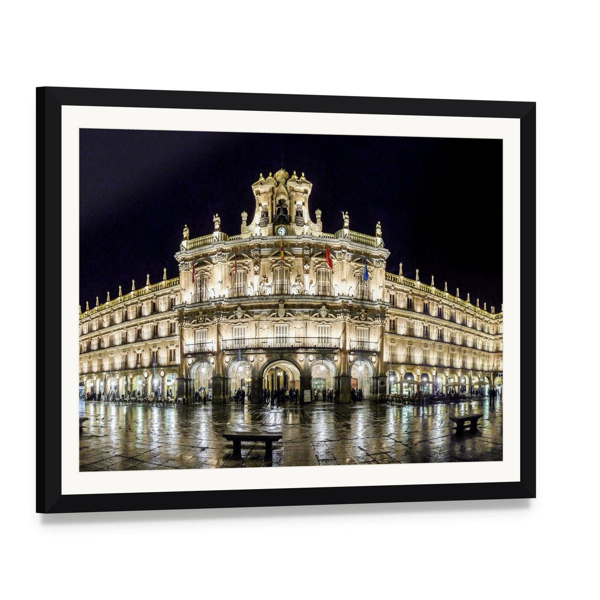 Plaza Mayor at Night Canvas Wall Art, framed print with white mat and black frame, angled product view