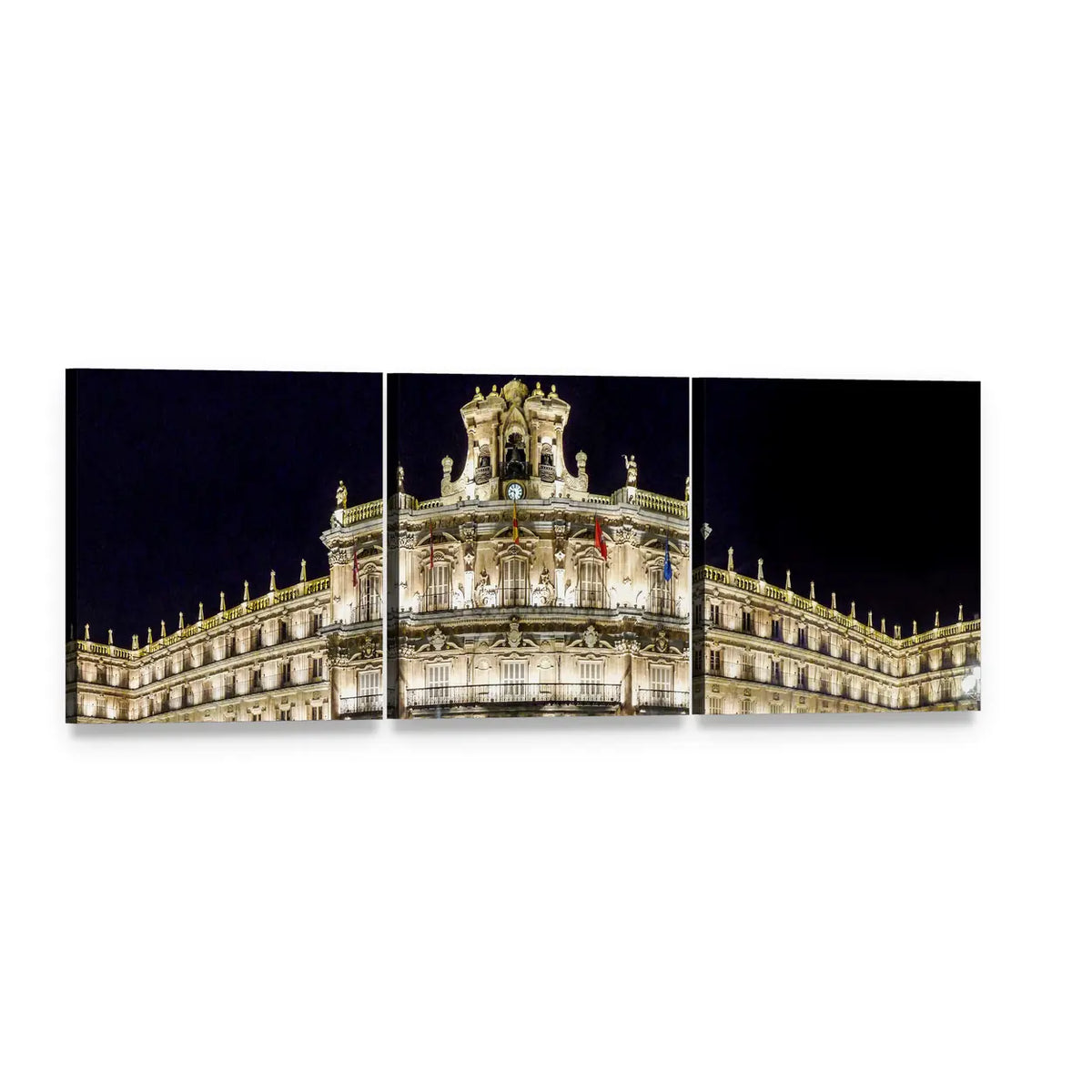 Plaza Mayor at Night Panoramic Canvas Wall Art, 3 panel 3 Piece layout gallery wrapped canvas set, angled product view