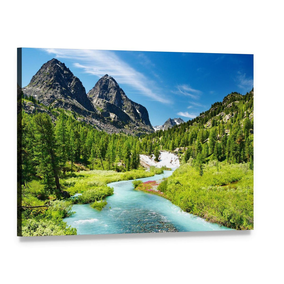 Mountain Landscape with River Canvas Wall Art, single panel gallery wrapped canvas, angled product view