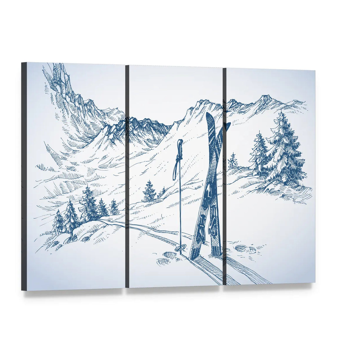 Winter Mountain Landscape Sketch Canvas Wall Art, 3 panel 3 Horizontal layout gallery wrapped canvas set, angled product view