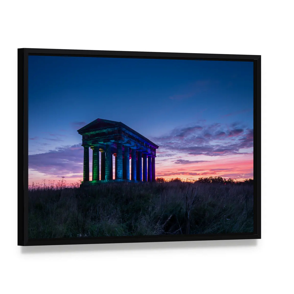 Penshaw Monument at Dusk Canvas Wall Art, framed canvas in a black floater frame, angled product view