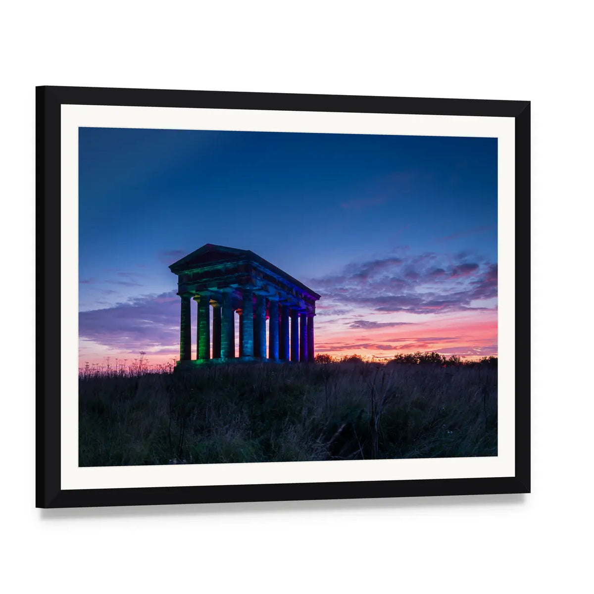 Penshaw Monument at Dusk Canvas Wall Art, framed print with white mat and black frame, angled product view