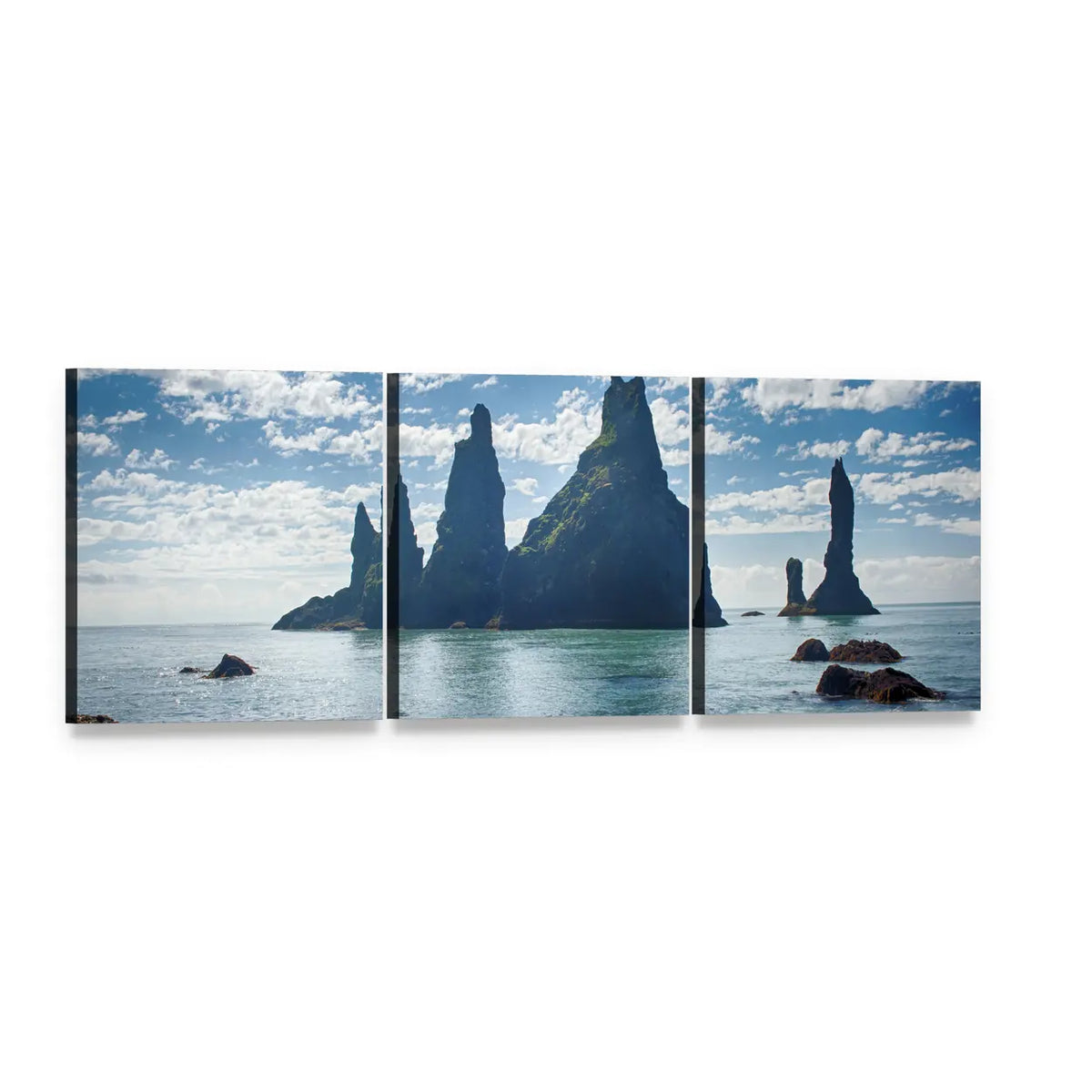 Reynisdrangar Sea Stacks Near Vik, Iceland Panoramic Canvas Wall Art, 3 panel 3 Piece layout gallery wrapped canvas set, angled product view