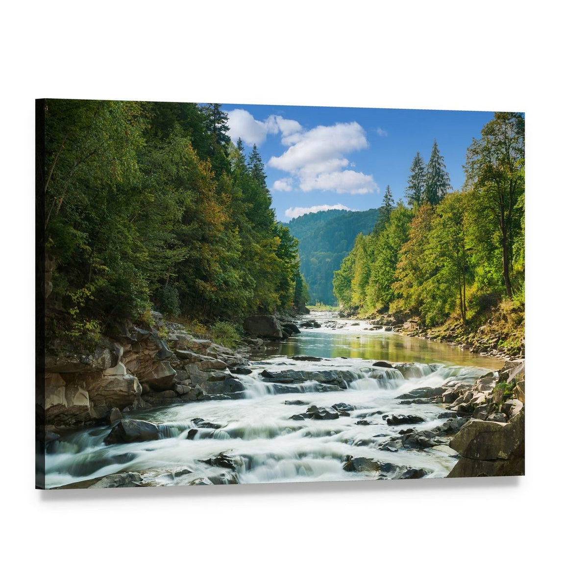 River in Forest Canvas Wall Art, single panel gallery wrapped canvas, angled product view